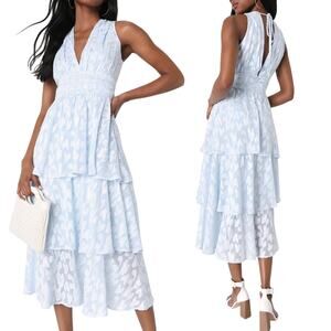Lulus Make it Mesmerizing Jacquard Tiered Midi Dress Light Blue NEW Womens XL
